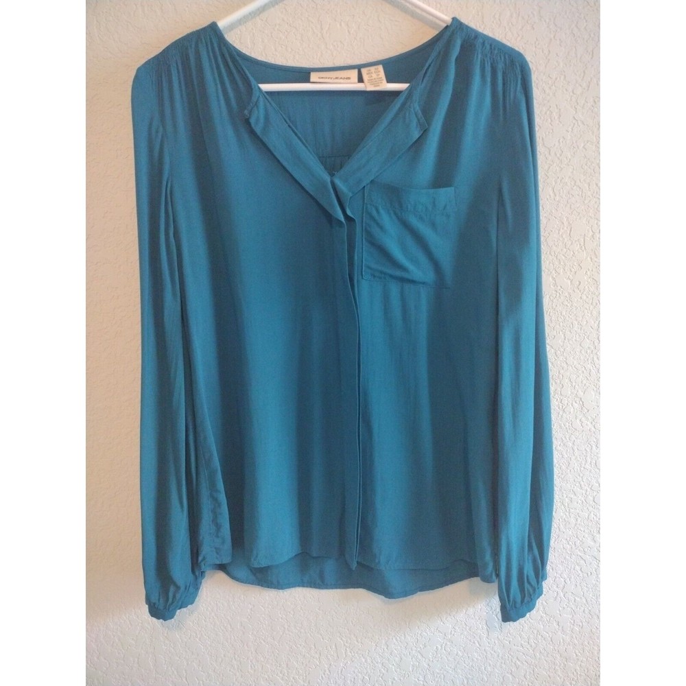 New DKNY Women's XS Gathered Long Sleeve V Neck Top Vivid Teal Blue Blouse